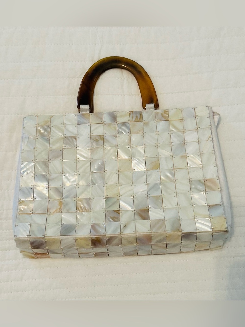 VTG Mother Of Pearl Tiled Mini Handbag Lucite Handles